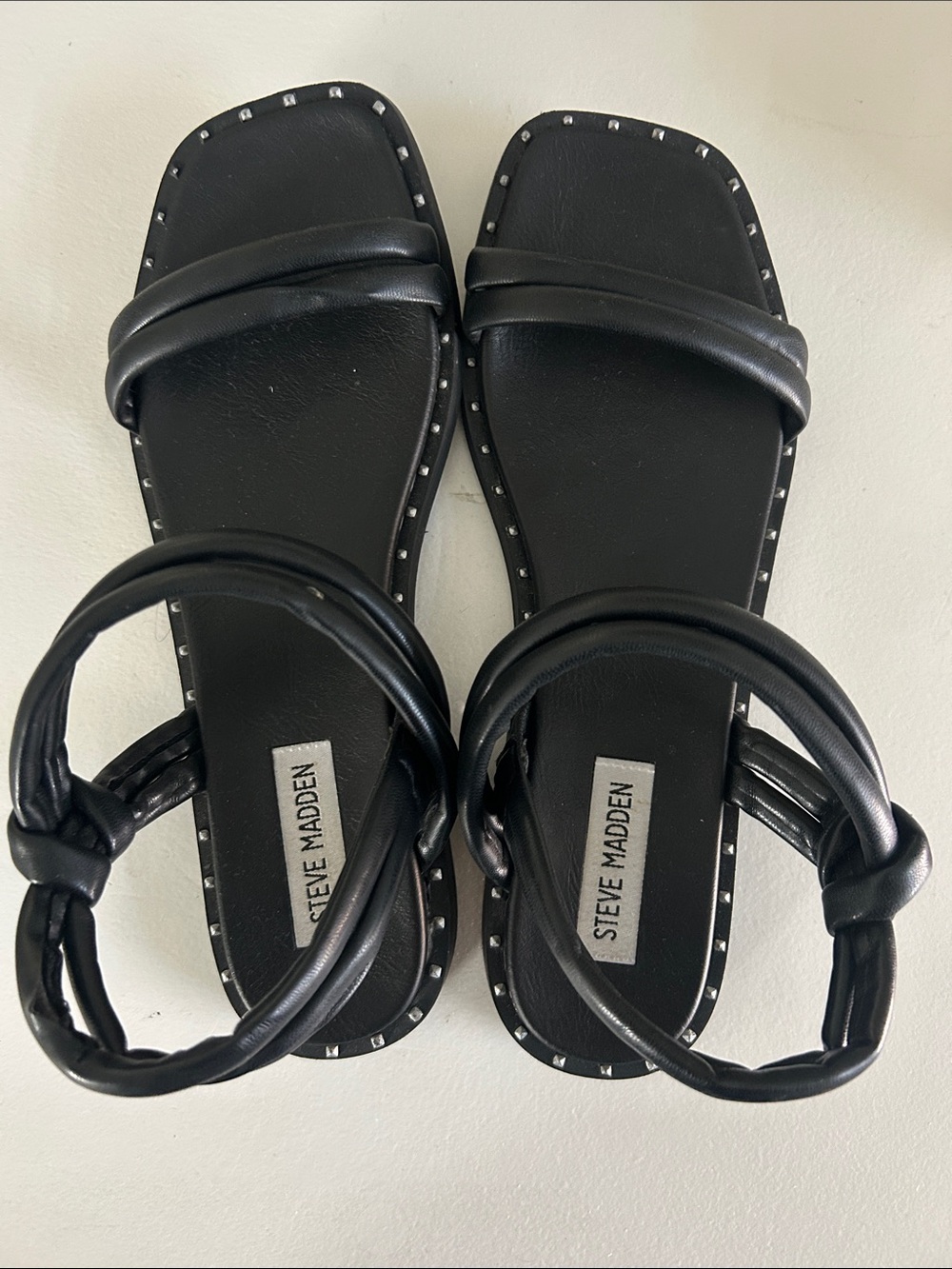 Steve Madden Black Studded Square-Toe Ankle-Wrap Sandals
